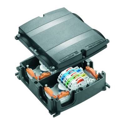 An open electrical socket with colour-coded connectors and wires, suitable for outdoor installations.