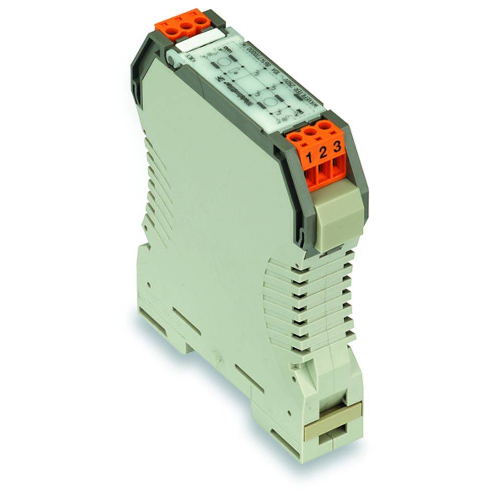 A grey, rectangular electronic device with orange ports on top. Used in industrial control systems.