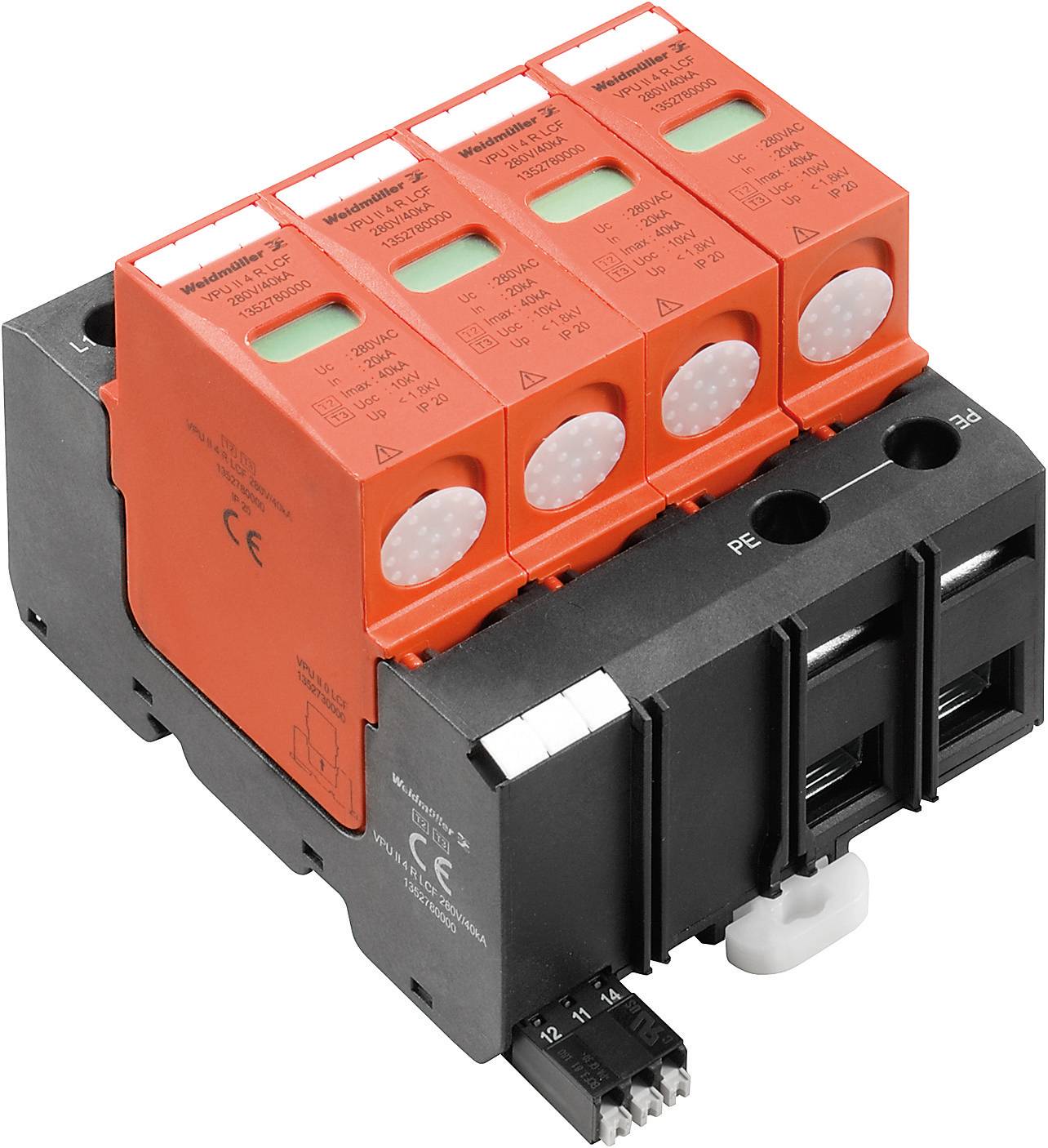 A surge protection device with four red modules bearing labels, and plug connections on the underside.