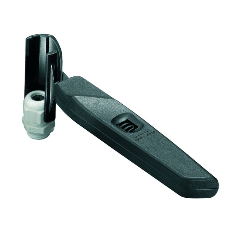 A black plastic lever handle with integrated locking mechanism and cable gland, used for operating industrial equipment.