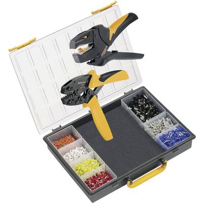 A tool case with two wire strippers and several compartments for multi-coloured cable clips.