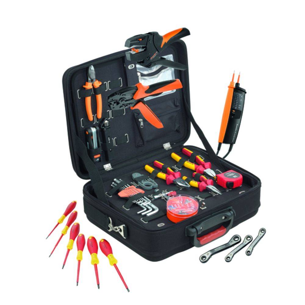 An open toolbox with various hand tools such as screwdrivers, pliers, and spanners, organised and ready for use.