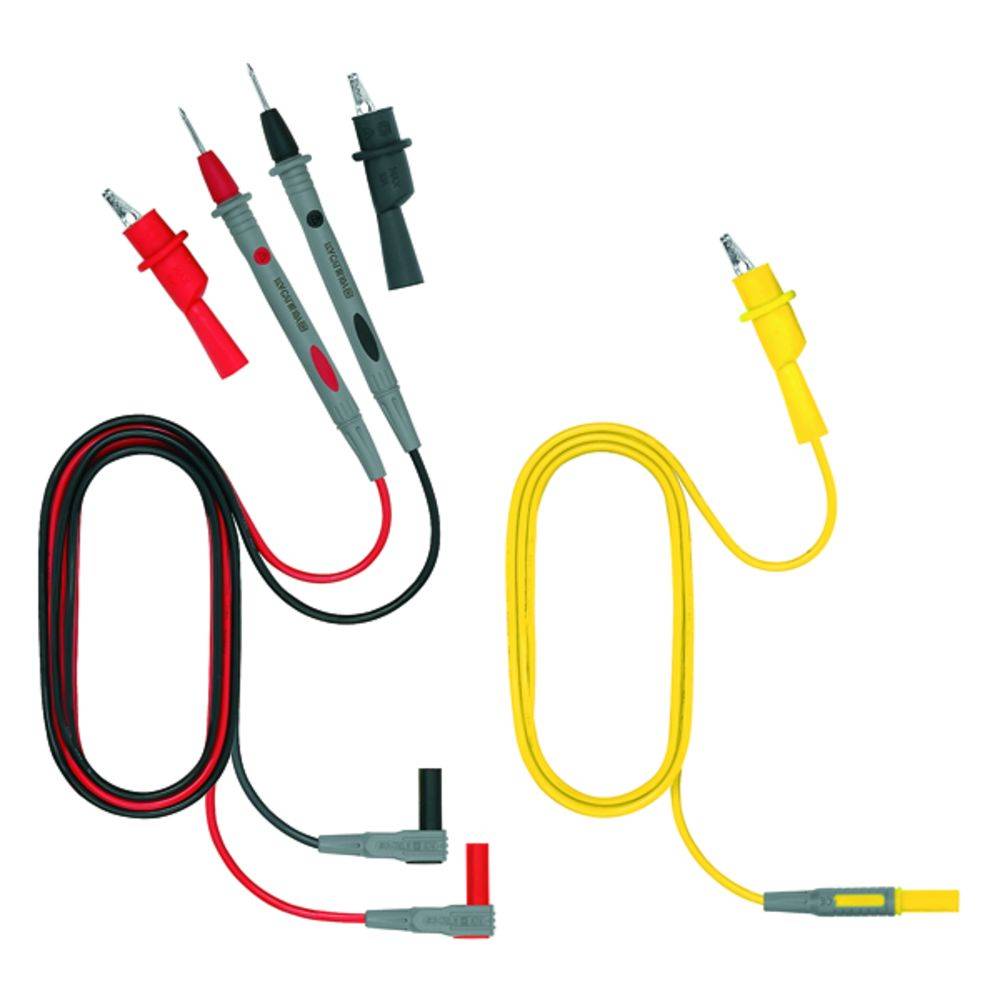 Two test leads: left red and black, right yellow. Used for electrical testing.