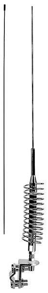 Long, vertical radio antenna with a spiral spring at the lower end, mounted on a clamp. Suitable for vehicle or external mounting.