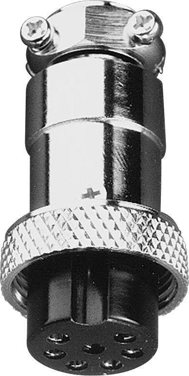 A black and silver electrical plug with six sockets, typically used in audio or video equipment.