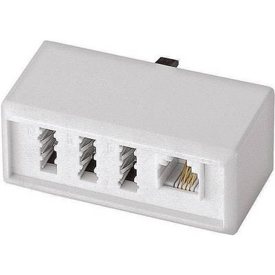 A white RJ11 telephone adapter with three inputs and a socket that allows four device connections in a single port.