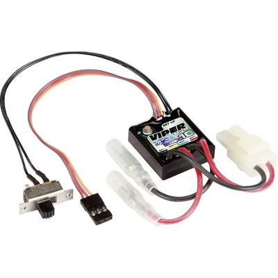 Electronic speed controller with multiple cable connections, including an on/off switch, in a black housing.