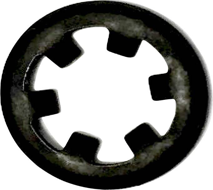Black and white screw lock, with a star-shaped internal pattern featuring six notches, used to secure screw connections.