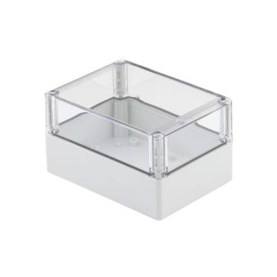 Rectangular, transparent plastic enclosure with a removable lid, suitable for electronic components, against a white background.