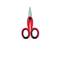 Red scissors with a black handle on a white background, open and pointing upwards.