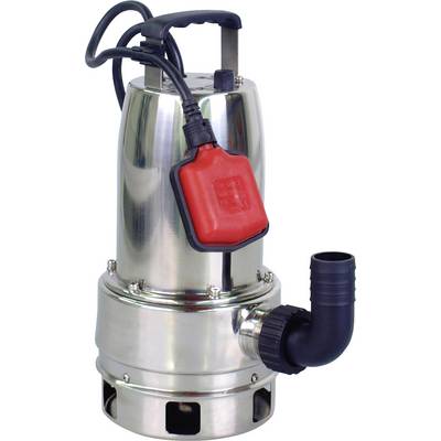 A silver submersible pump with a black hose connection and red switch on the cable, suitable for water circulation.