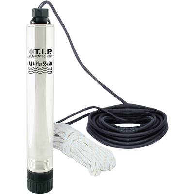 The image shows a silver water pump with the inscription 'T.I.P. Pumpentechnik AJ 4 Plus 55/50'. A long power cable is connected to it.
