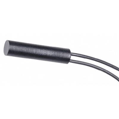 A black cylindrical sensor with two cables, used for temperature measurement in industrial applications.