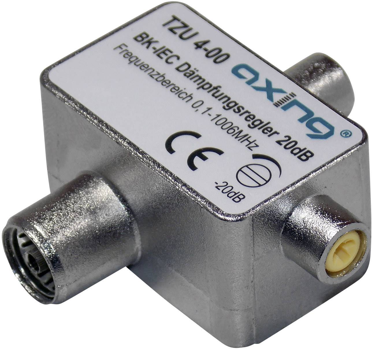 Attenuator 'Axing TZU 4-00', 20dB, for frequency range 0.1-1006MHz. Metal enclosure with connection sockets and CE marking.