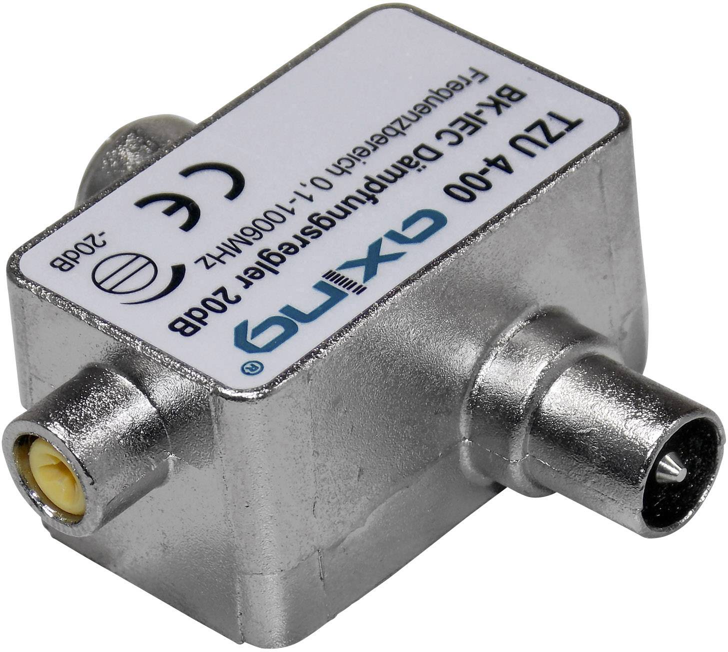 A silver Axing BK frequency compressor with two coaxial connections and a small switch on the side.