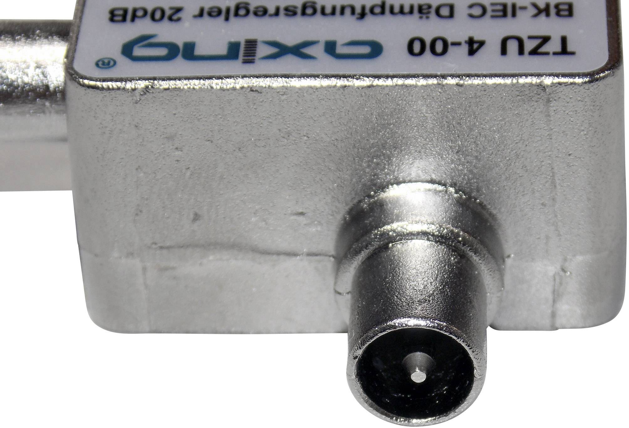 Close-up of a cylindrical plug on a silver device with the inscription 'BK-IEC Attenuator 20dB'.
