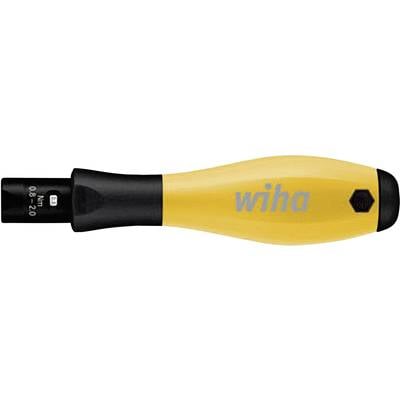 Yellow screwdriver handle with a black tip, featuring the 'Wiha' text printed on it. Used for manual craftsmanship and DIY tasks.
