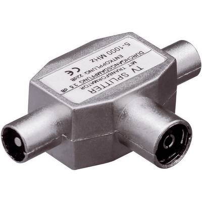 'Metallic TV splitter with three coaxial connections for frequencies from 5-1000 MHz, CE-certified.'