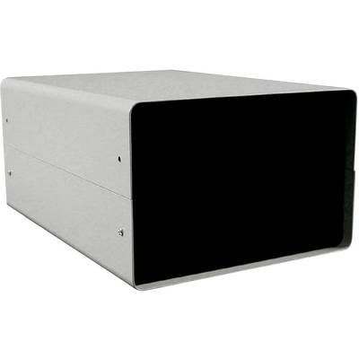 Metal enclosure for electronic devices, rectangular, silver, with black openings and screws on the sides.