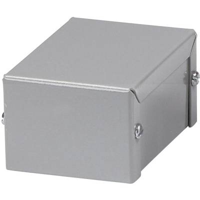 Small grey metal box with screws on the sides, possibly an enclosure for electrical components.