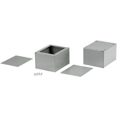 Grey powder-coated cube enclosure made from multiple metal plates, partially assembled, screws alongside, on a light background.