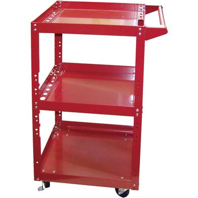 Red metal trolley with three shelves and a handle. The trolley has wheels for easy movement and is suitable for workshop storage.