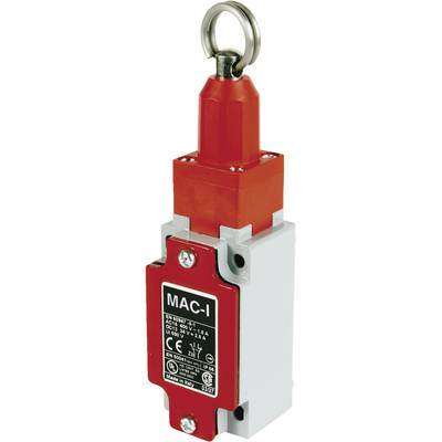A red emergency stop switch with a metal bracket and CE marking; suitable for machinery or electrical equipment.