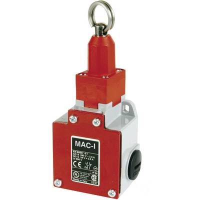 A red end switch with a metal ring at the top, labelled 'MAC-I' and with technical specifications, lying on a table.