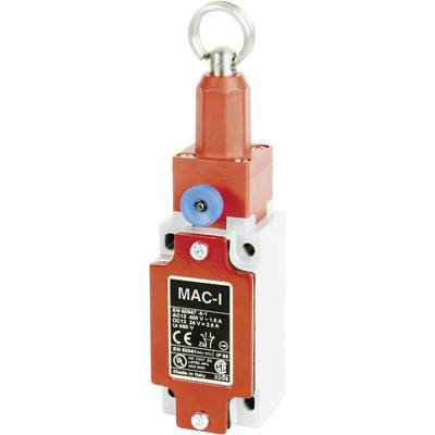 A red and silver electrical safety switch with a metal ring at the top, marked with 'MAC-I' and technical specifications.