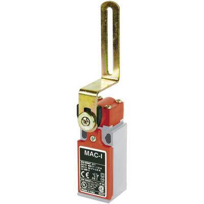A red micro switch with a metal lever and a black 'MAC-I' marking on the label. Complies with CE standards, with technical specifications.