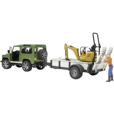 bruder Brother Land Rover Defender Station Wagon with single-axle trailer, JCB micro excavators and construction workers