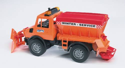 An orange toy winter service lorry with a snowplough and grit container, labelled 'Winter - Service'.