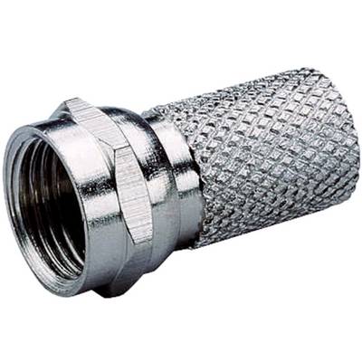 A silver coaxial plug with a knurled surface, used for connecting antenna cables.