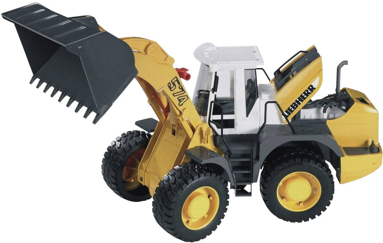 Colourful toy digger with a large bucket and sturdy wheels, ready to simulate construction work in the children's bedroom.