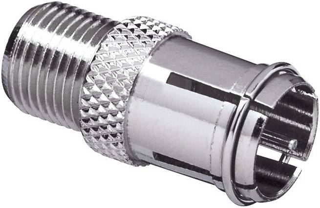 A silver coaxial plug used in electronics for connecting cables. It has a ridged pattern for improved grip.
