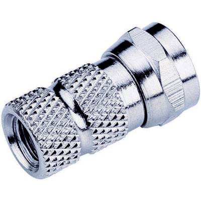 A silver metal plug, probably a coaxial connector, with a knurled surface for improved grip.