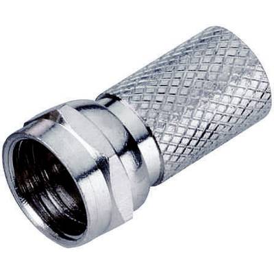 'Metallic coaxial plug with knurled surface for securing to a cable.'