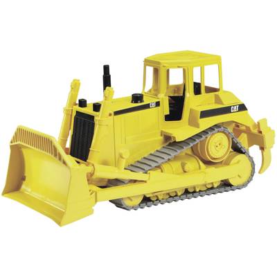 A yellow toy bulldozer with wheels and a large shovel, perfect for use in sandpits or playing outdoors.