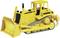 A yellow toy bulldozer with wheels and a large shovel, perfect for use in sandpits or playing outdoors.
