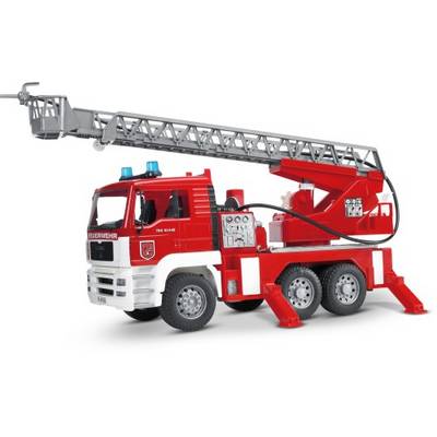 A red fire engine with an extendable ladder is ready for deployment.