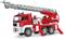 A red fire engine with an extendable ladder is ready for deployment.