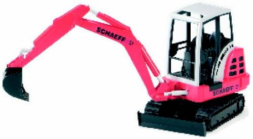 A pink toy digger with black tracks and a silver cab. The 'Schaeff' lettering is visible on the arm.