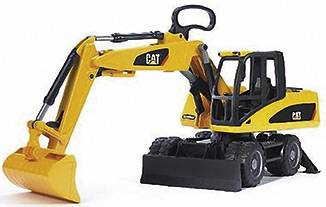 A yellow toy excavator model with a movable arm and bucket, pictured against a white background.