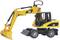 A yellow toy digger vehicle with a movable arm and bucket, suitable for children to play with in a sandpit or garden.