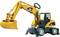 A yellow excavator with a black chassis and large digging arm, used for construction work.