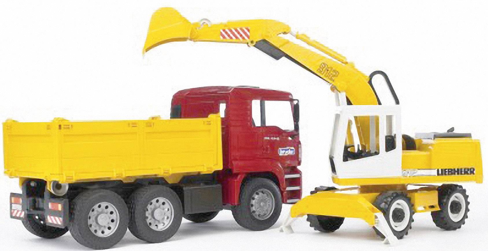 A yellow excavator is loading earth into a red lorry. The excavator's arm is extended and the bucket is filled with soil.