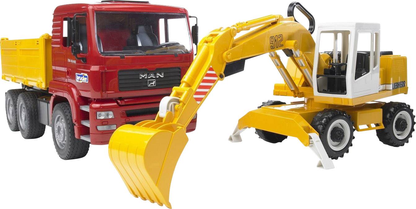 A red lorry and a yellow digger are toy models. The lorry has a yellow cargo bed, and the digger has movable parts.