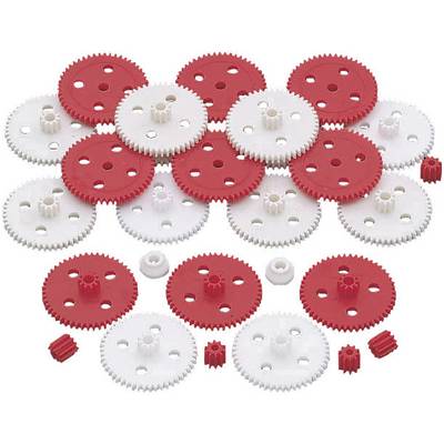 Red and white gears of varying sizes are piled together. They are made of plastic and could be part of a model-building kit.