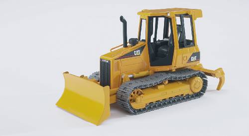 A yellow toy bulldozer with a black roof and caterpillar wheels on a white background.