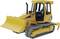A yellow toy bulldozer with tracks and a shovel, set against a white background.